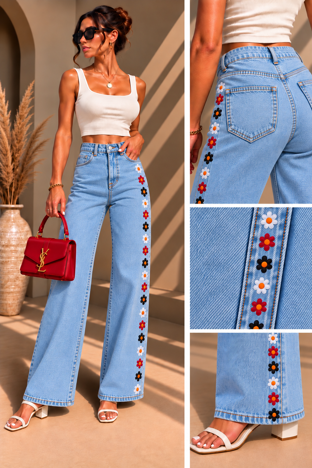 Tricolor Daisy Jeans – Women’s High-Waisted Wide-Leg Denim | Light Blue & Washed Black
