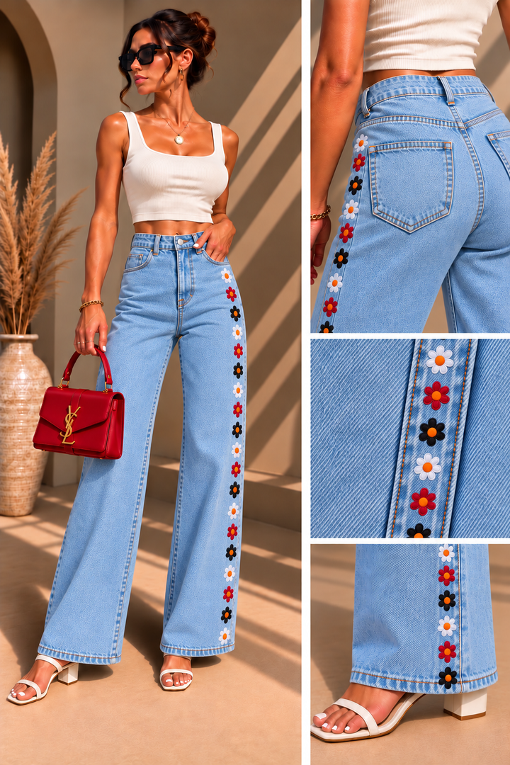 Tricolor Daisy Jeans – Women’s High-Waisted Wide-Leg Denim | Light Blue & Washed Black