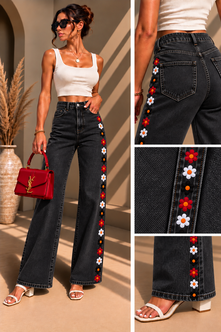 Tricolor Daisy Jeans – Women’s High-Waisted Wide-Leg Denim | Light Blue & Washed Black