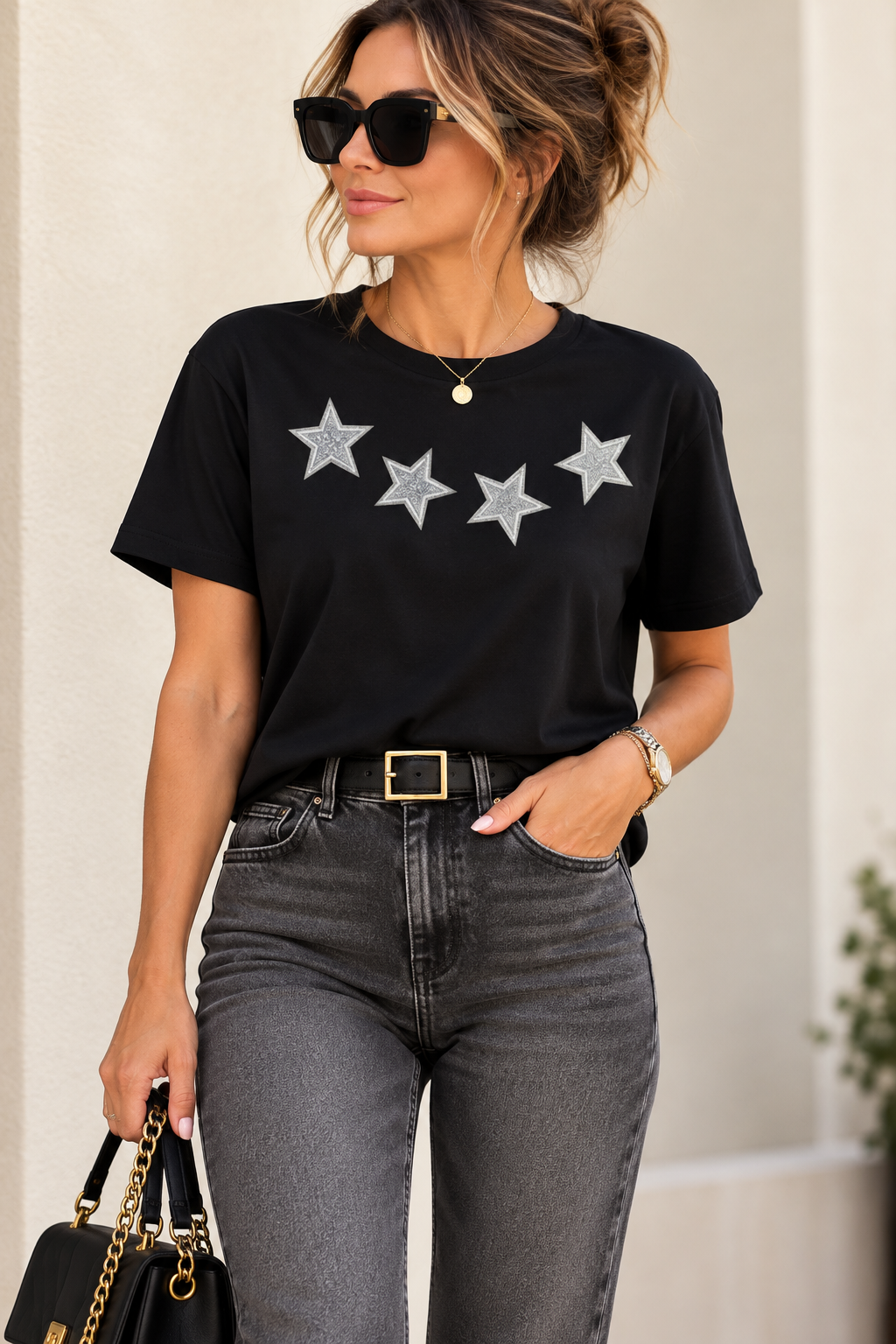 Women’s Glitter Star T-Shirt – Black Tee with Sparkling Stars | Xavier Boutique
