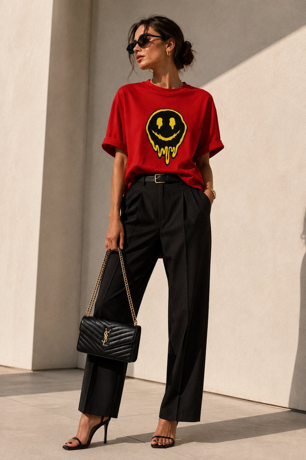 Dripping Smiley Graphic T-Shirt – Trendy Statement Tee, Black White or Red, Streetwear Style