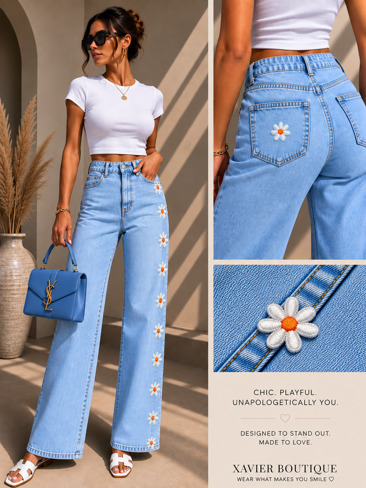 White Daisy Wide-Leg Jeans – Floral Detail Denim