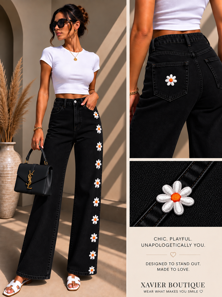 White Daisy Wide-Leg Jeans – Floral Detail Denim