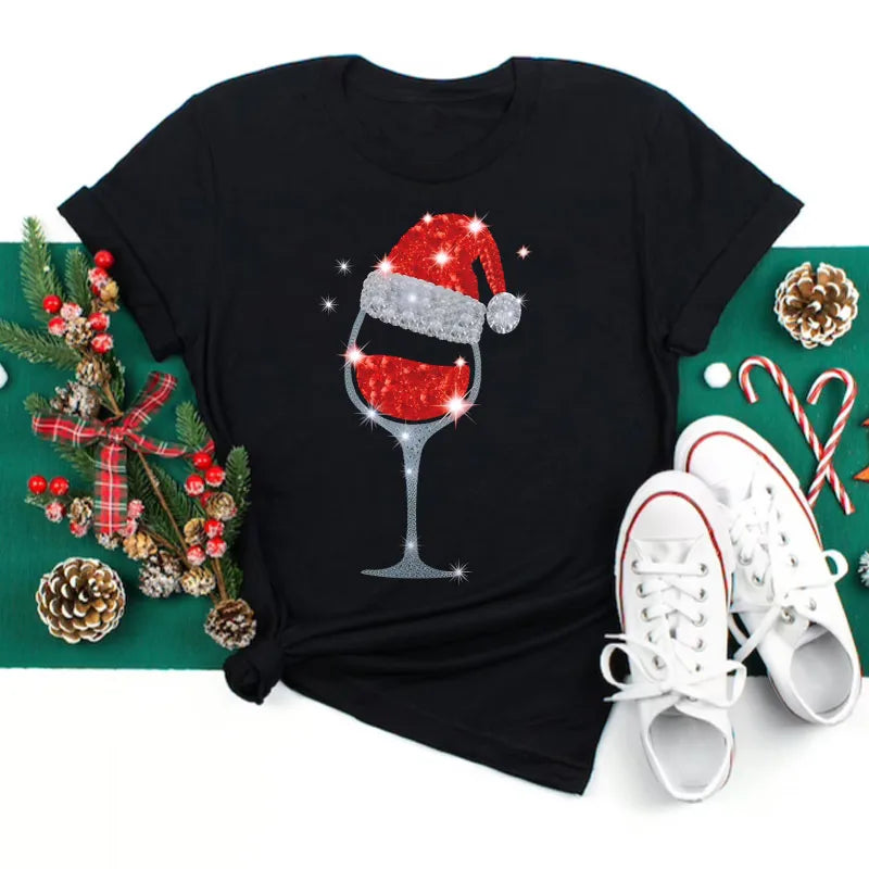 Holiday Wine-Themed Graphic Tee – Santa Hat & Wine Glass-Xavier Boutique