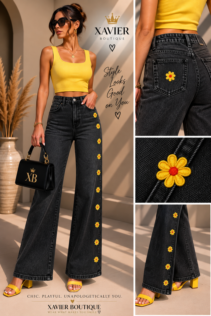 Black Faded Wash Wide Leg Jeans with Daisy Detail – High Waist