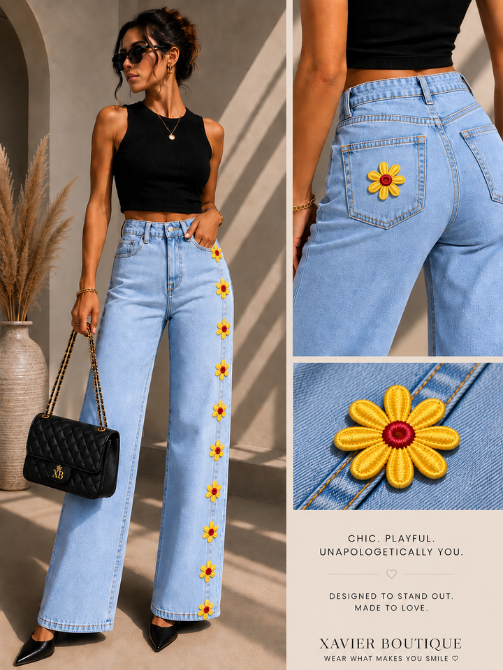 Yellow Daisy Wide-Leg Jeans – Floral Detail Denim
