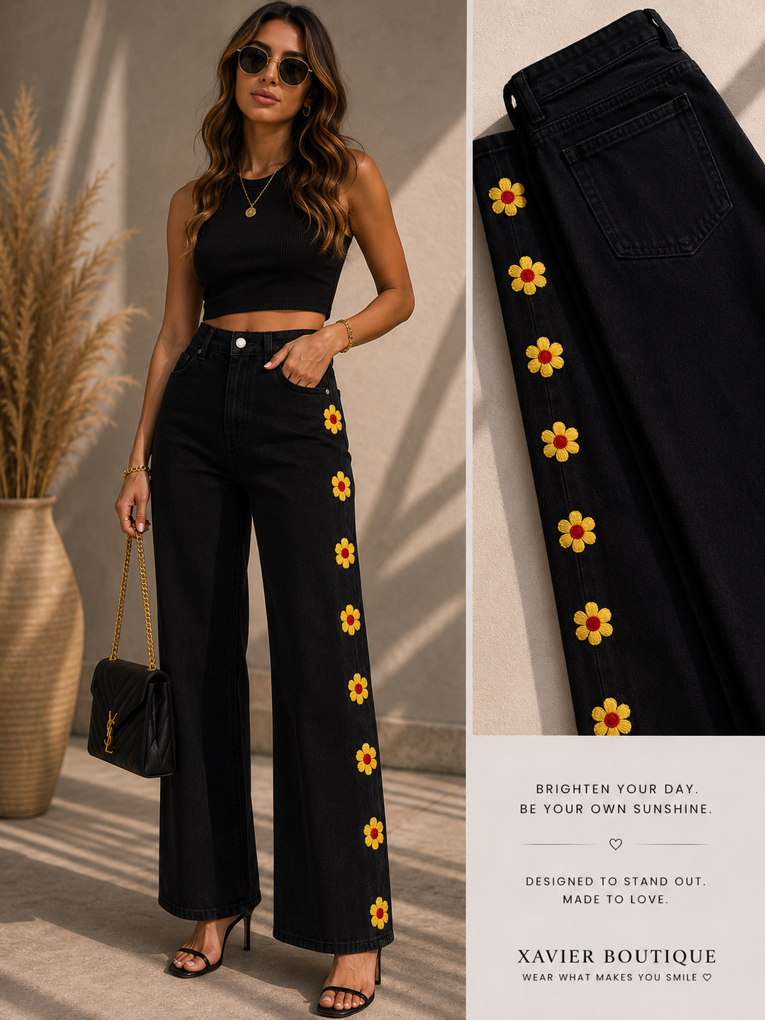Black Wide-Leg Jeans with Yellow Daisies – Floral Statement Denim | Xavier Boutique