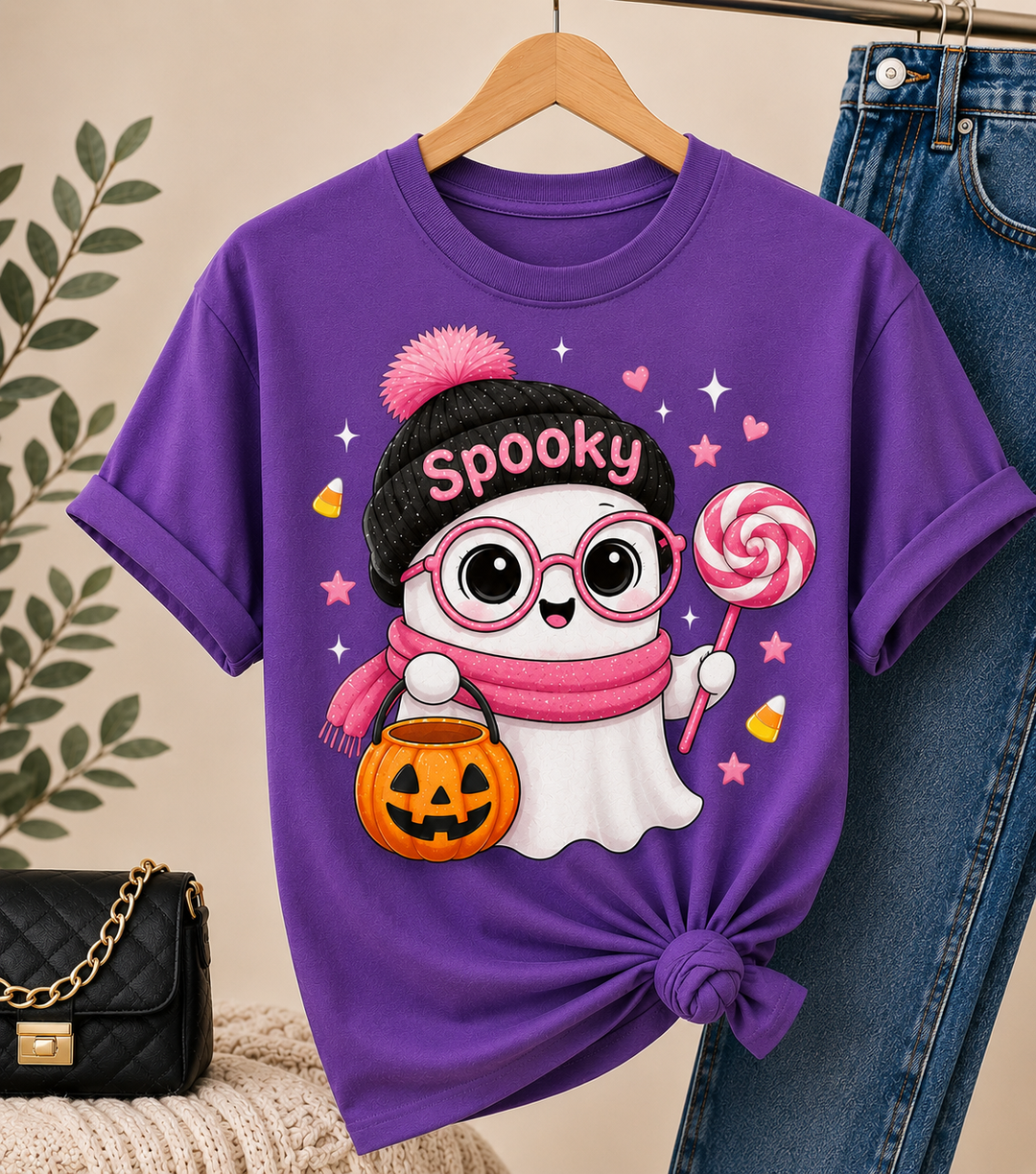 Pink Ghost Halloween T-Shirt: Spooky Season Beanie, Pumpkin Bucket, Lollipop