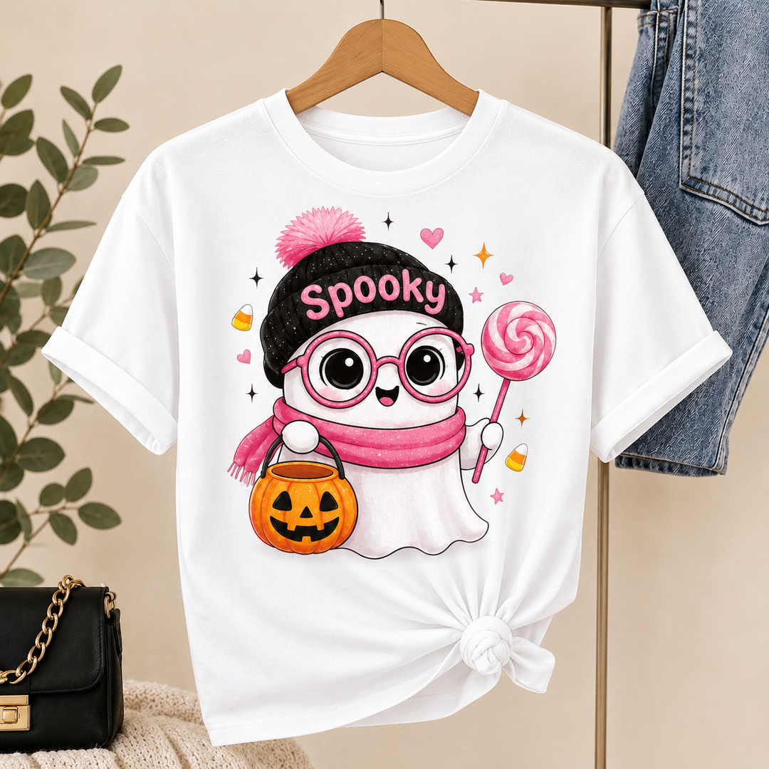 Pink Ghost Halloween T-Shirt: Spooky Season Beanie, Pumpkin Bucket, Lollipop