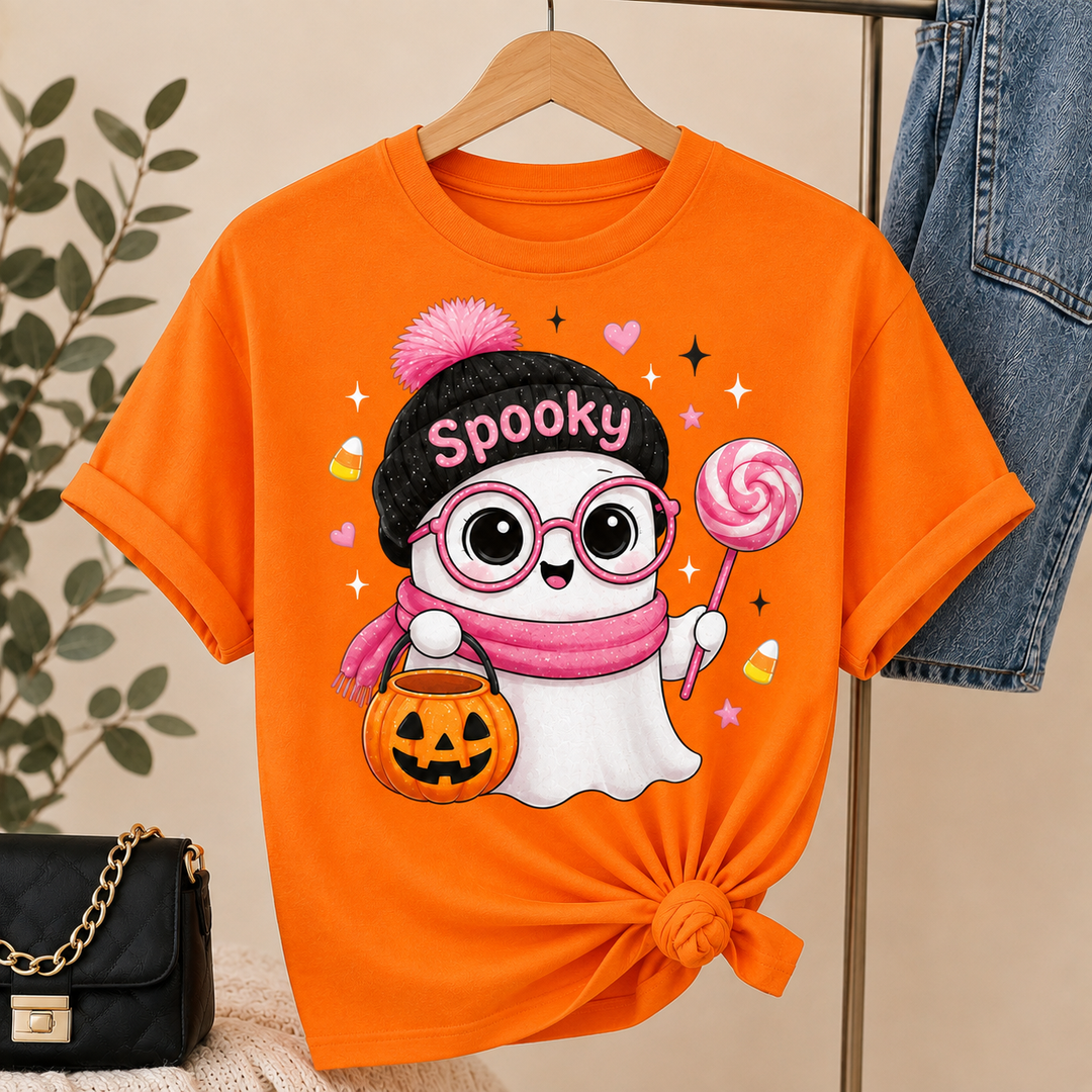 Pink Ghost Halloween T-Shirt: Spooky Season Beanie, Pumpkin Bucket, Lollipop