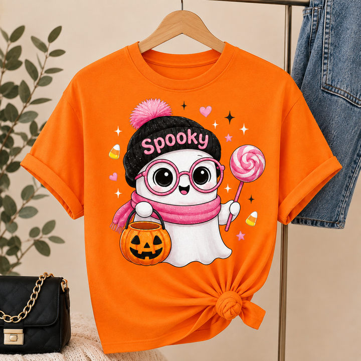 Pink Ghost Halloween T-Shirt: Spooky Season Beanie, Pumpkin Bucket, Lollipop